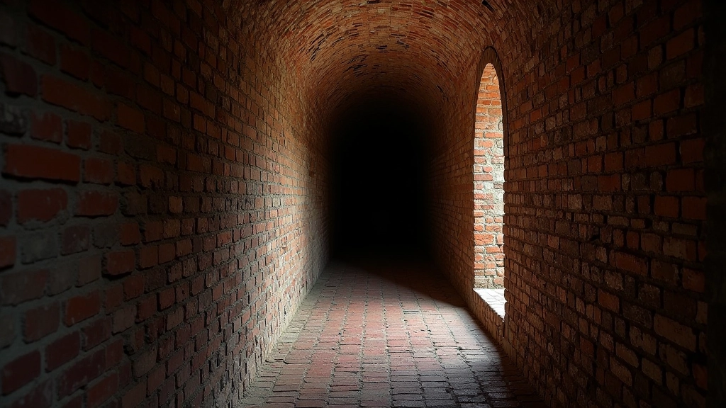 Kauno tvirtovės forto kasematai ir plytų sienos, vidinė perspektyva, šešėliai ir senovės žymės
