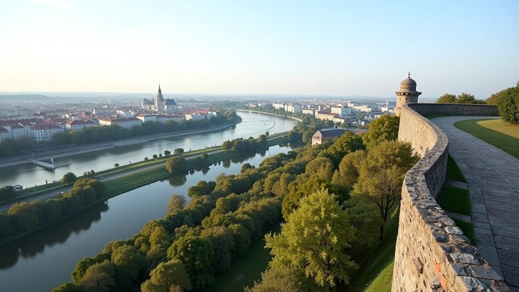 Platus vaizdas į Nemuną iš tvirtovės aukščiausiojo taško, žemiau upė bėga, o tolumoje matai miestą